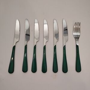 Vintage Lot Of 7 WF Washington Forge Swirl‎ Stainless Flatware Teal / Green